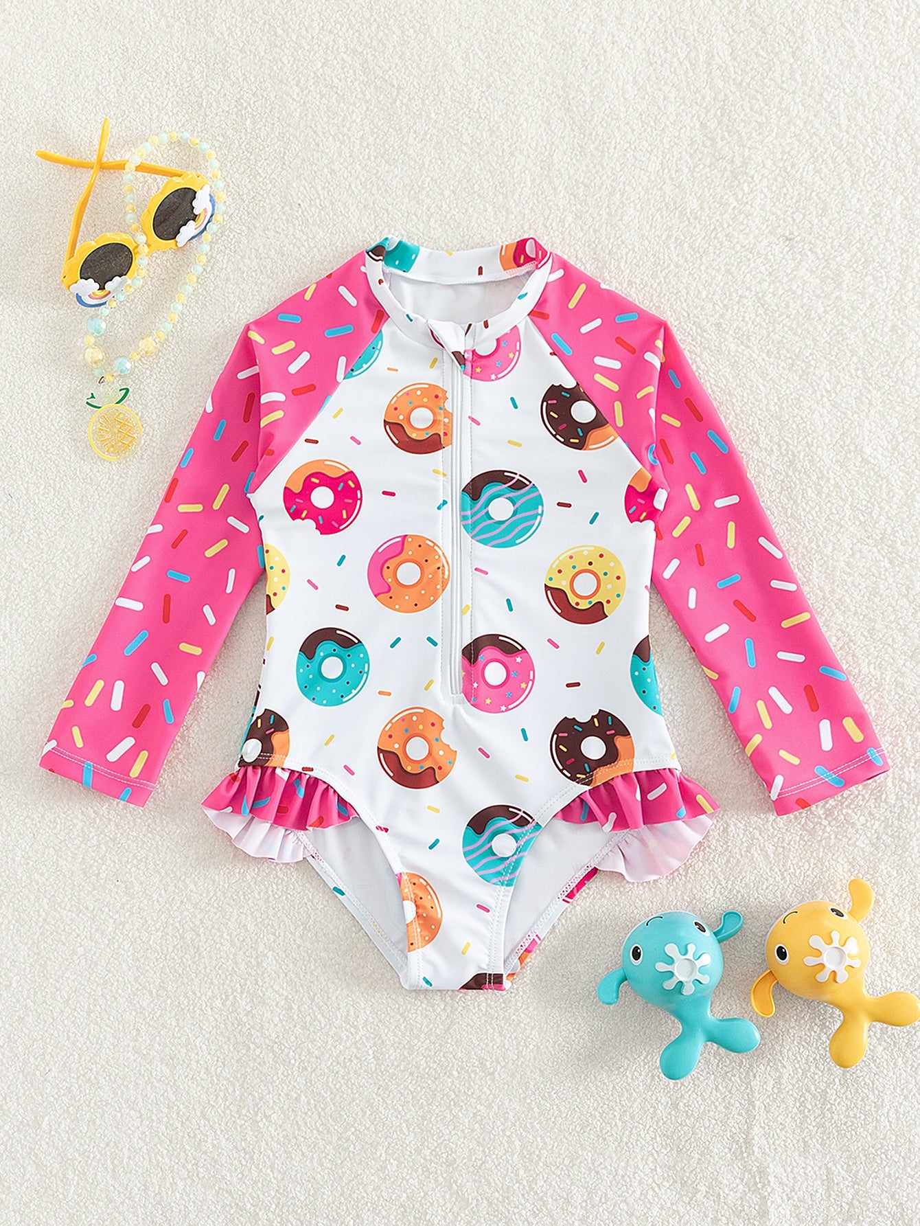 Young Girl Donuts Print Zipper Front One Piece Swimsuit