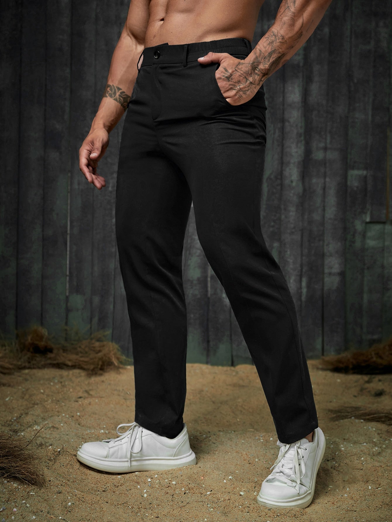 Men Solid Slant Pocket Suit Pants