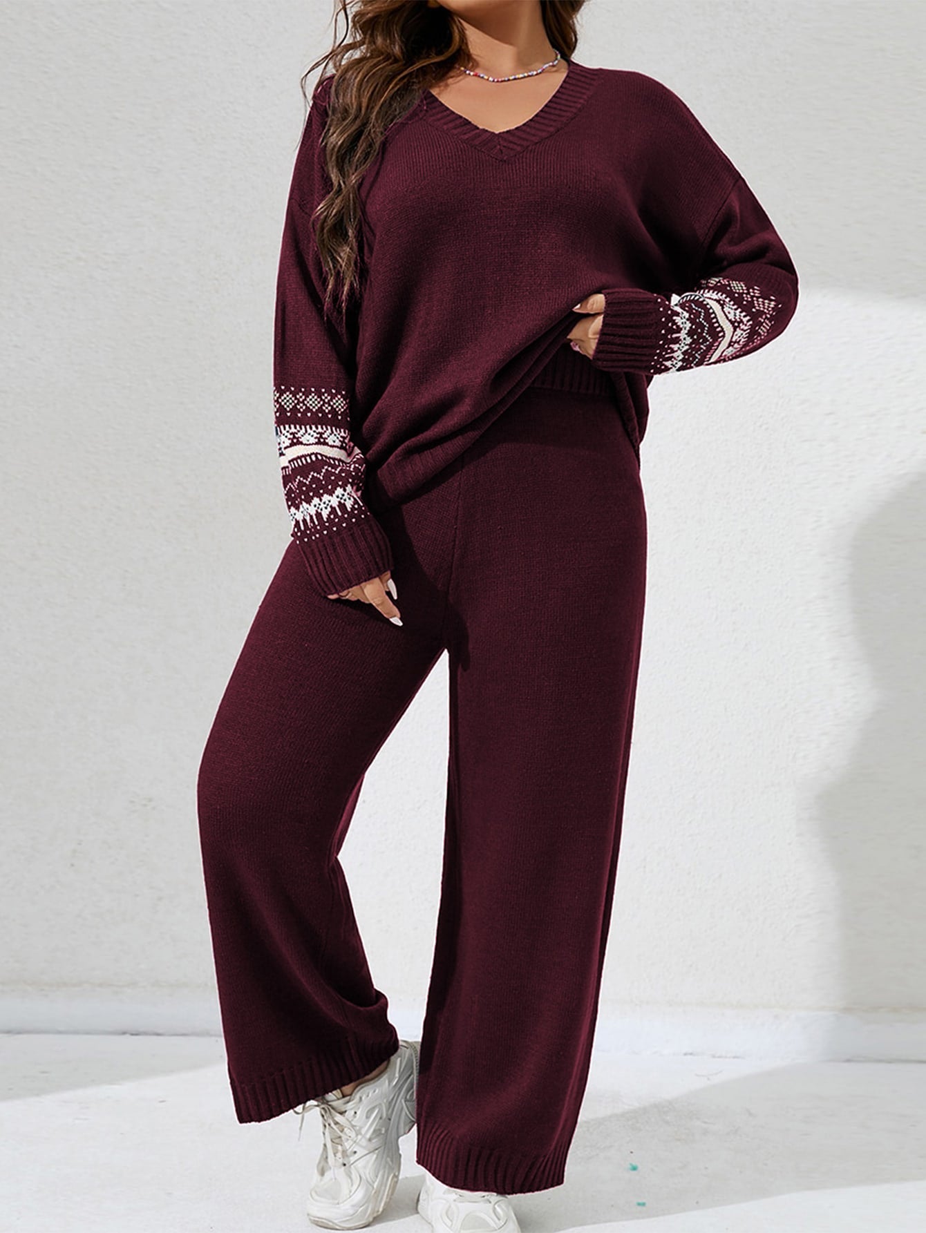 Plus Geo Pattern Drop Shoulder Sweater & Knit Pants