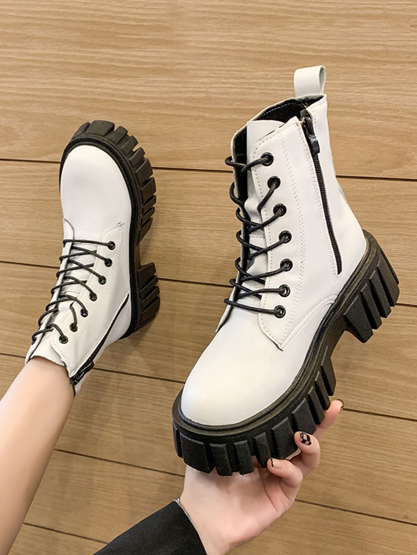 Women Lace-up Front Side Zipper Fashion Boots, Preppy Beige Combat Boots