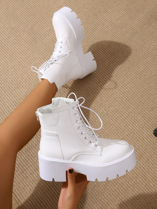 Women Zip Back Lace-up Front Combat Boots, Fashionable White Boots