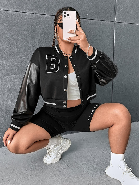 Plus Letter Patched Striped Trim Drop Shoulder Crop Bomber Jacket