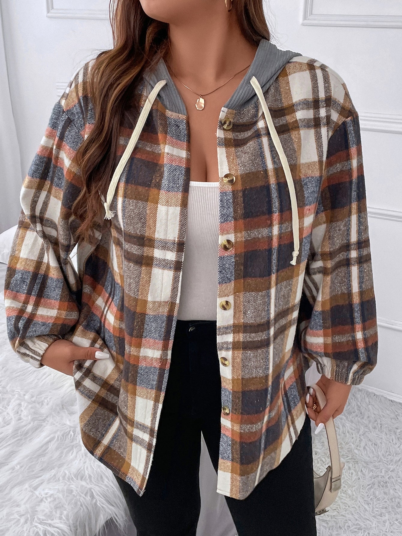 Plus Plaid Drop Shoulder Drawstring Hooded Jacket