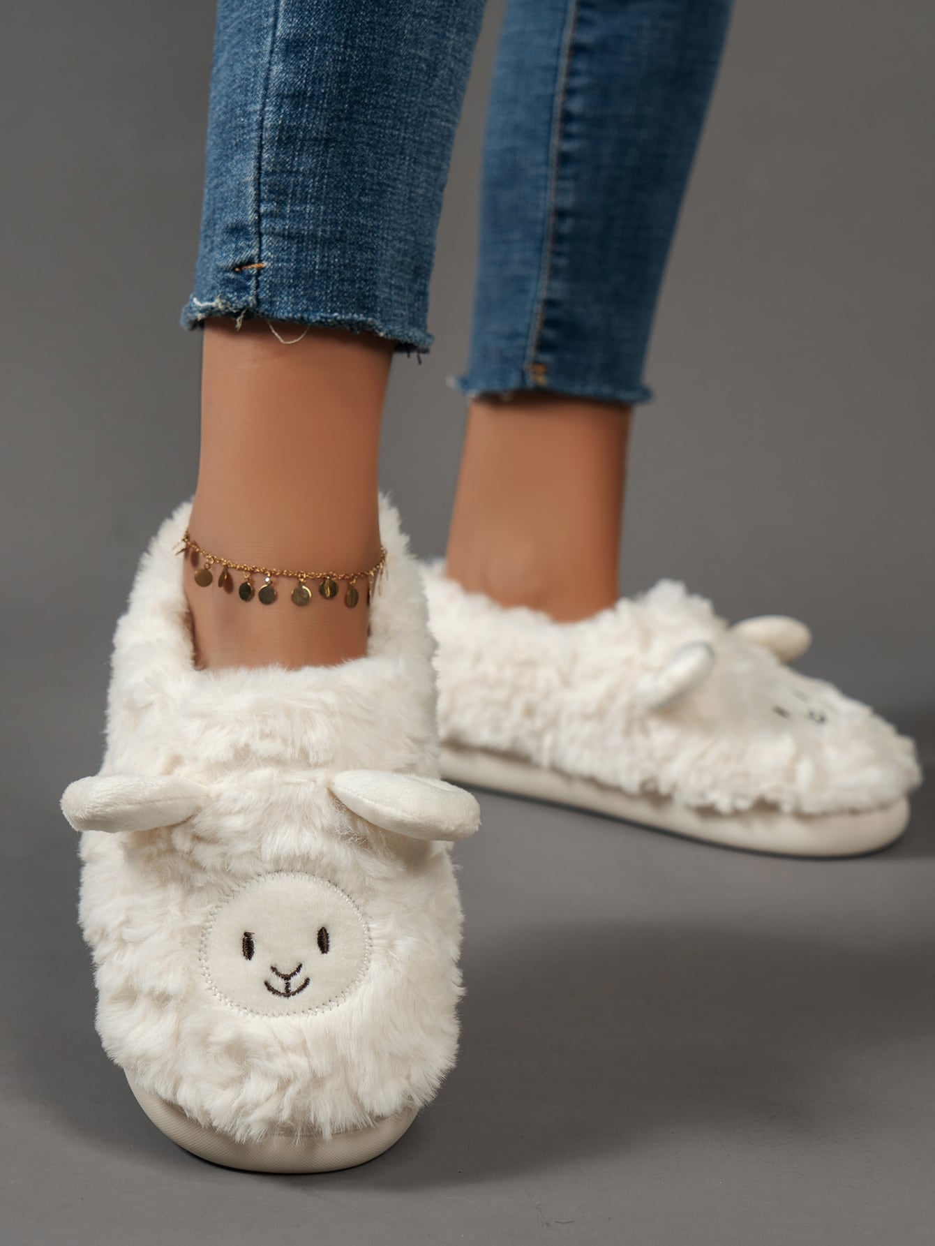 Embroidered Detail Sheep Design Fuzzy Novelty Slippers