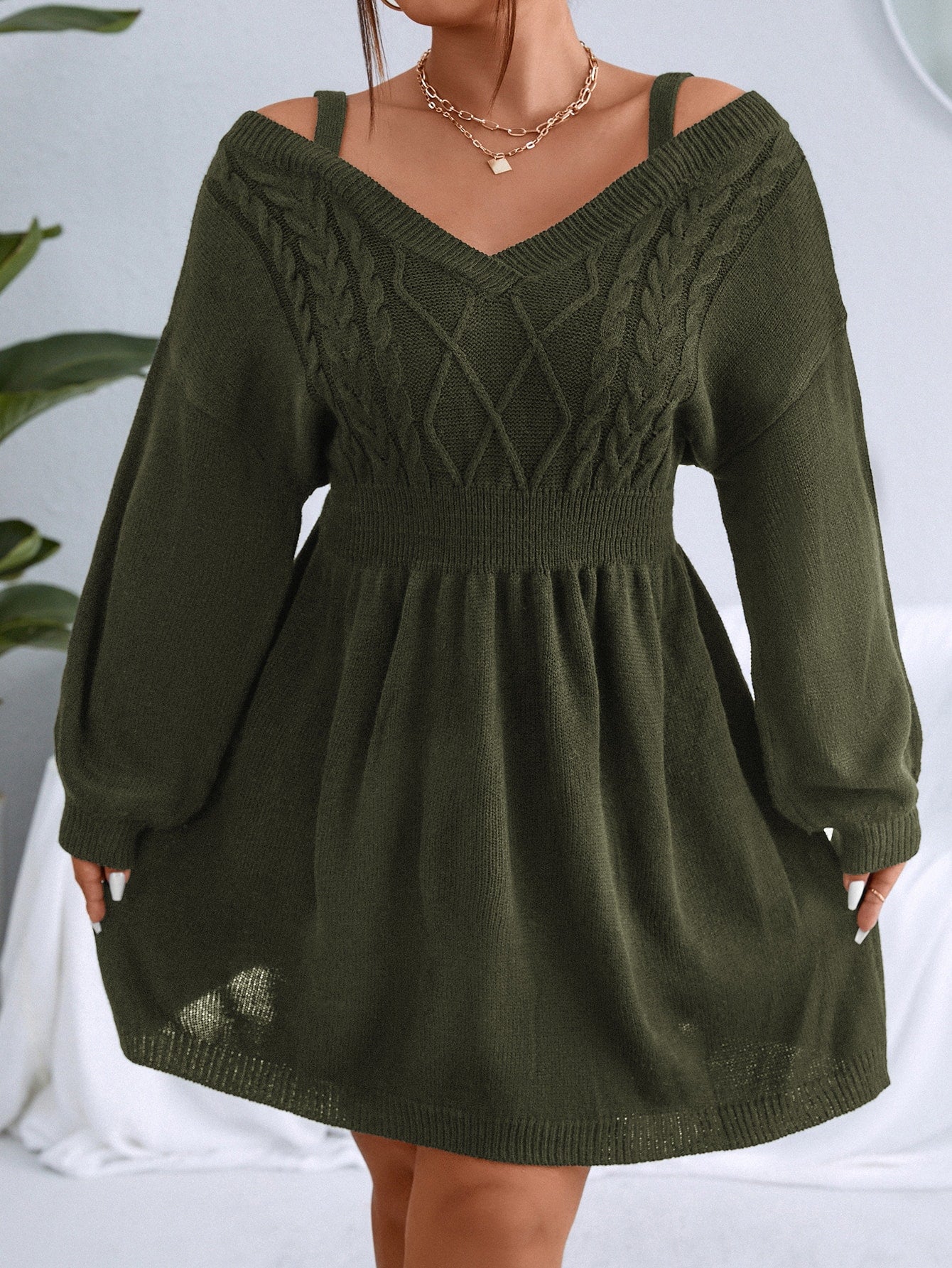 Plus Cable Knit Cold Shoulder Sweater Dress