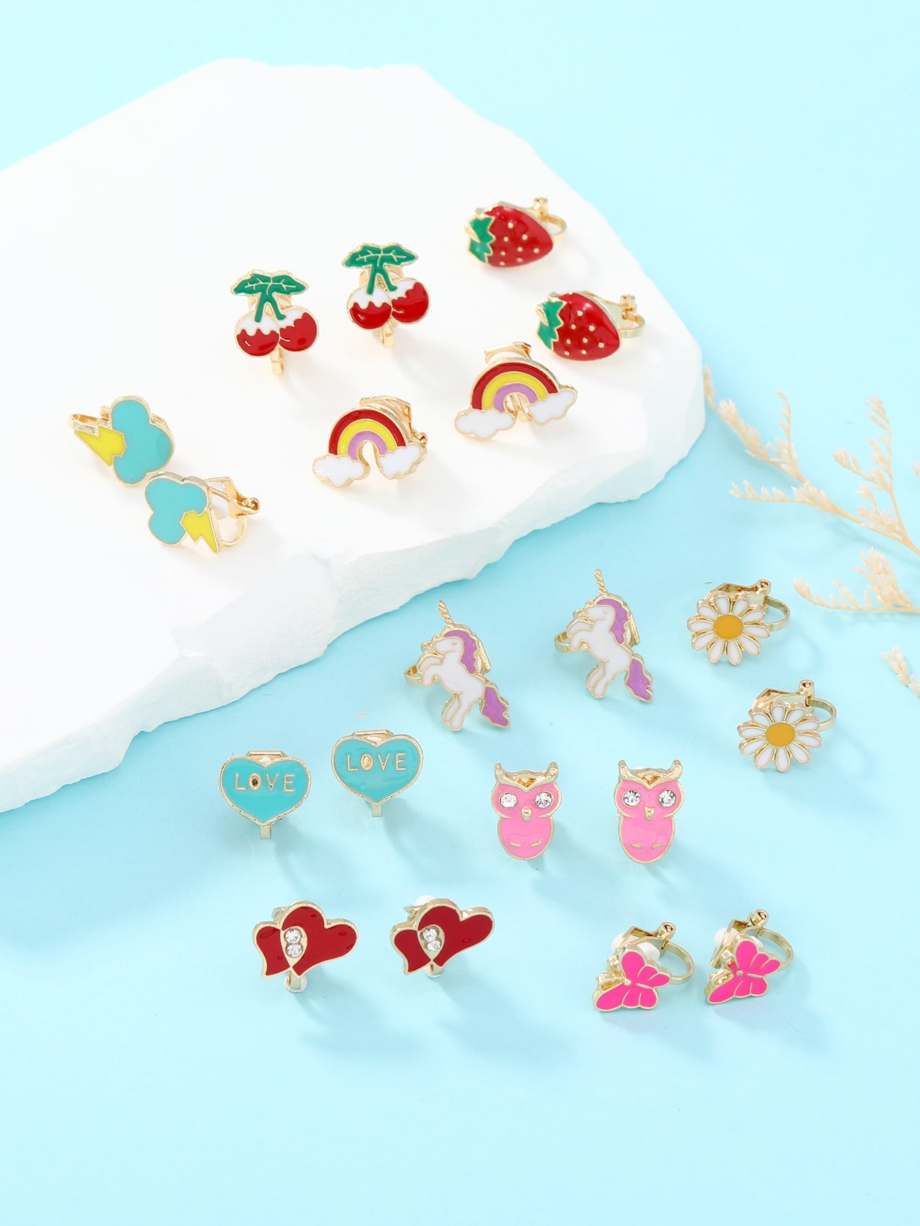 10pairs Girls Cherry & Strawberry Decor Clip On Earrings