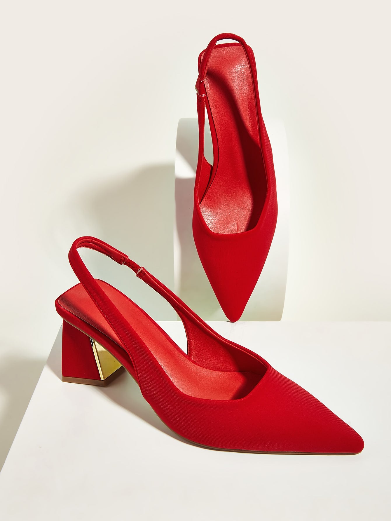 Women Neon Red Point Toe Pumps, Chunky Heeled Slingback Pumps