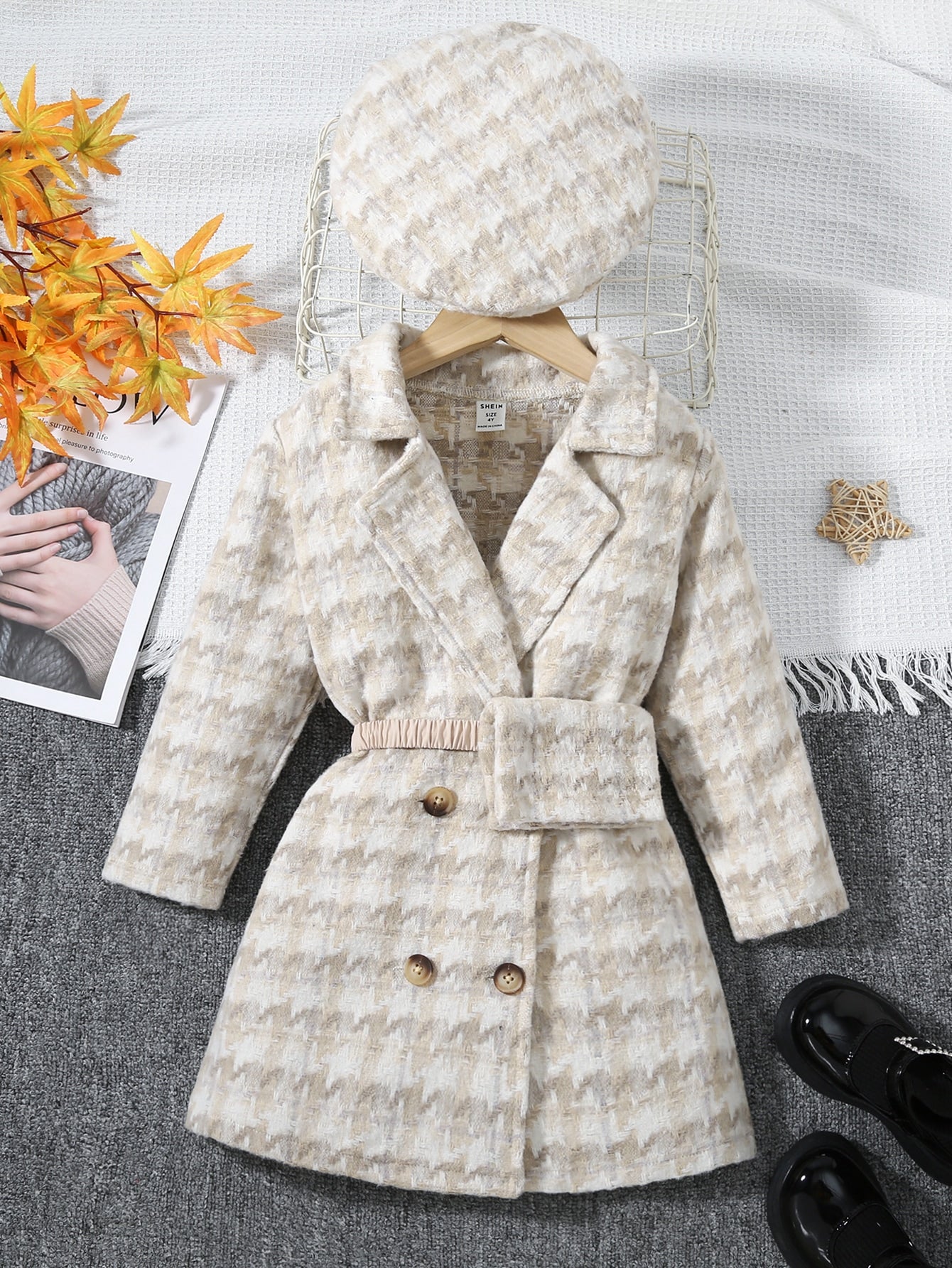 Young Girl Houndstooth Print Double Breasted Overcoat & Hat