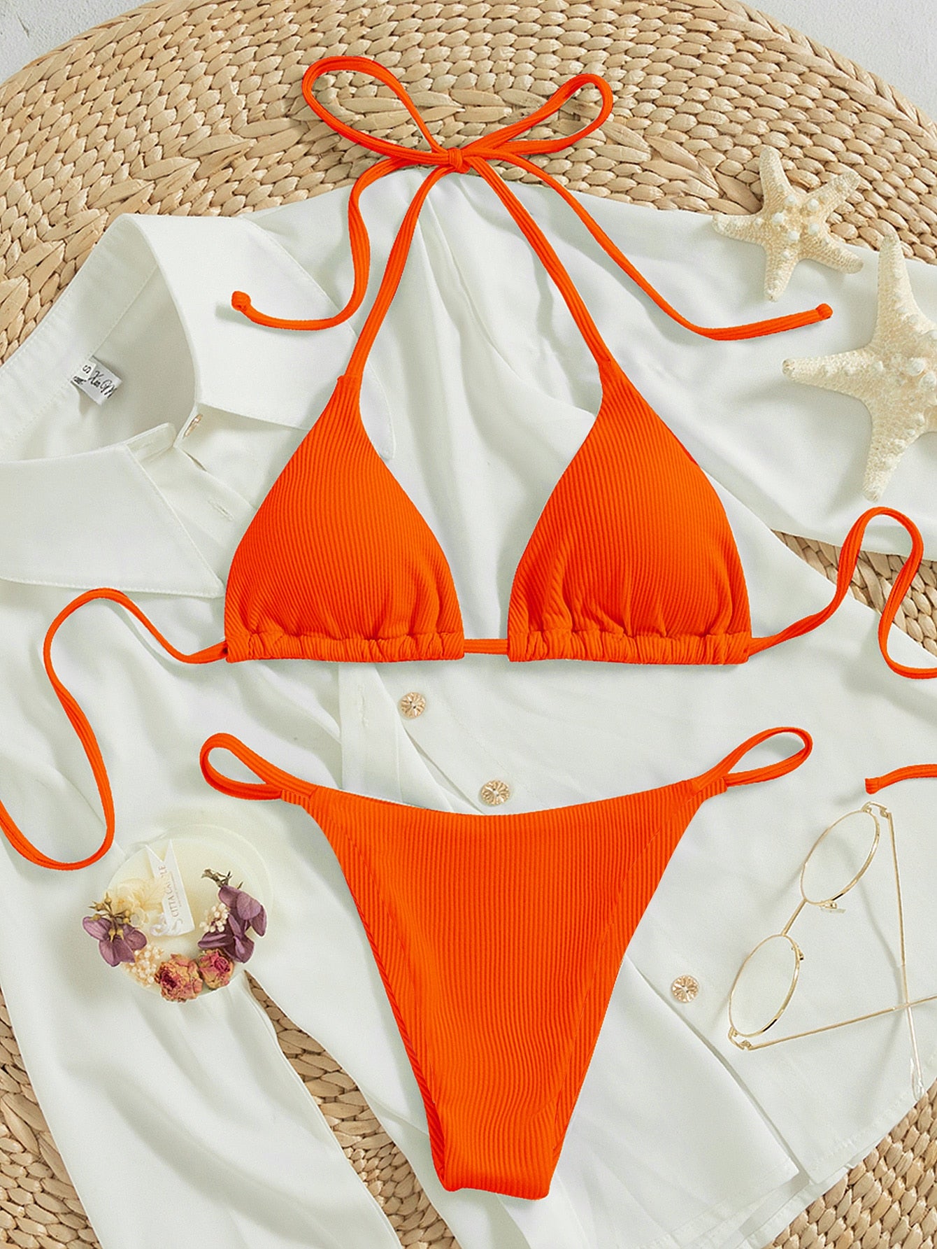 Swim Summer Beach Ribbed Bikini Set Tie Back Halter Triangle Bra & Thong 2 Piece Bathing Suit