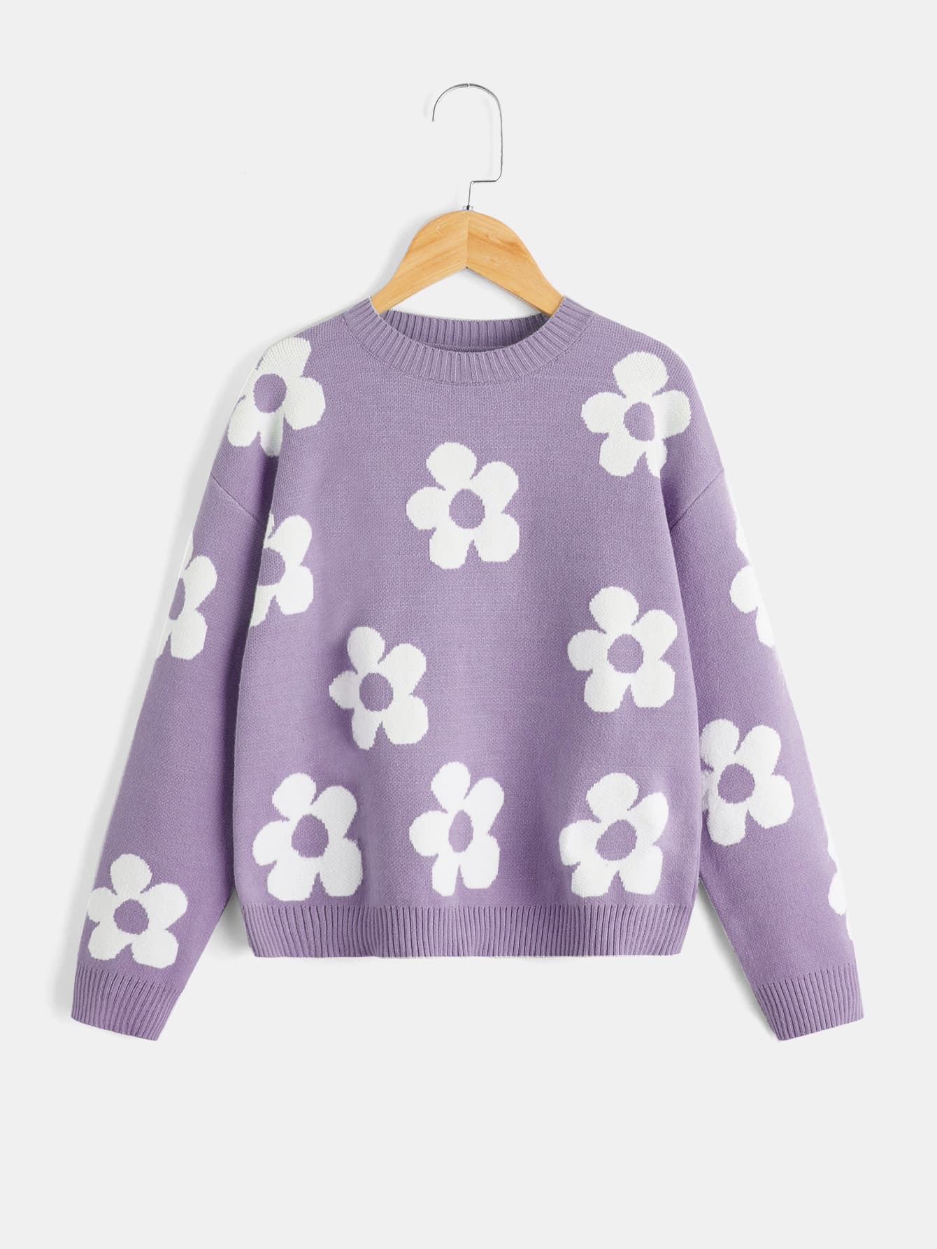 Tween Girl Floral Pattern Drop Shoulder Sweater