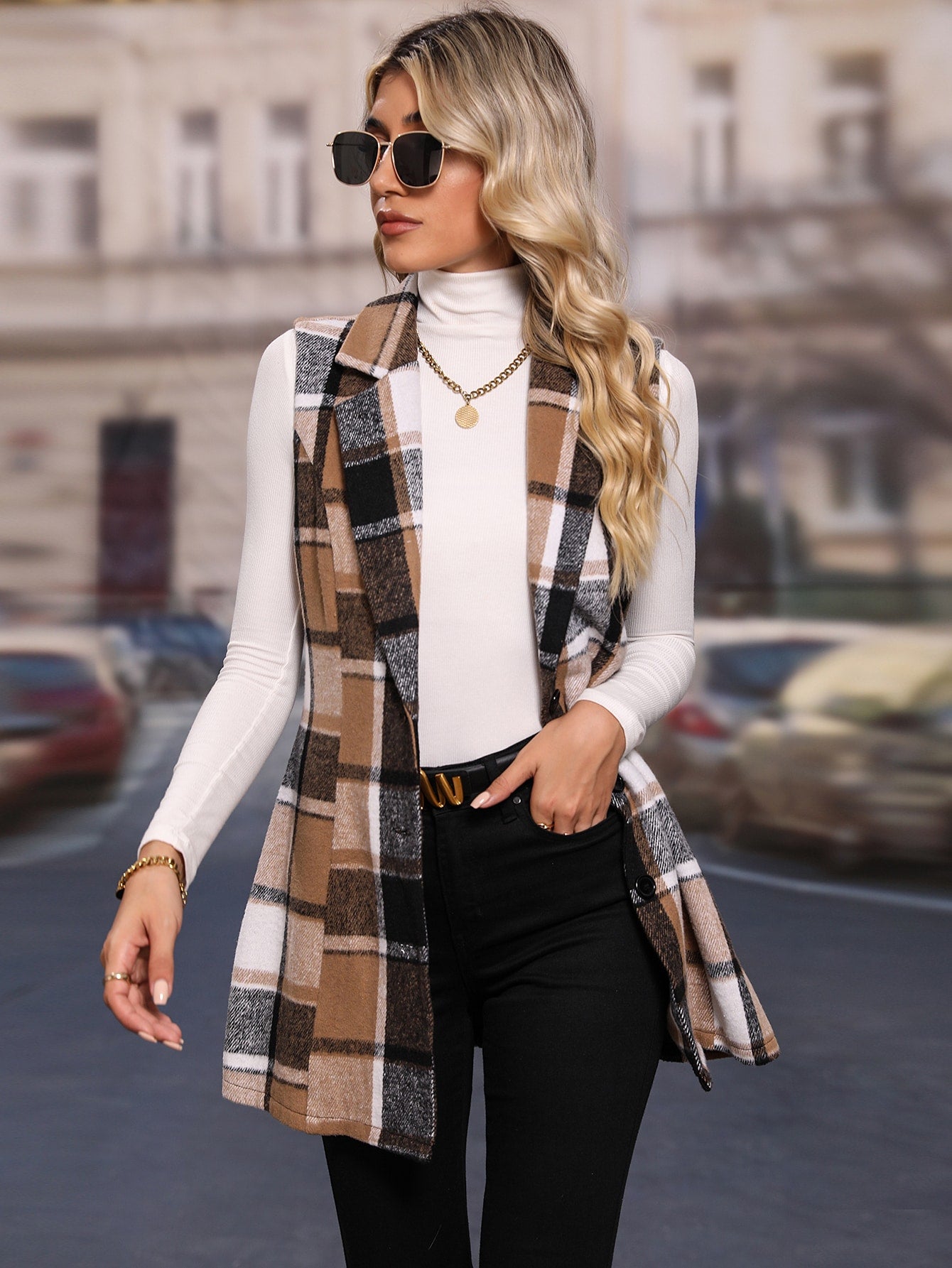 Plaid Lapel Neck Vest Coat