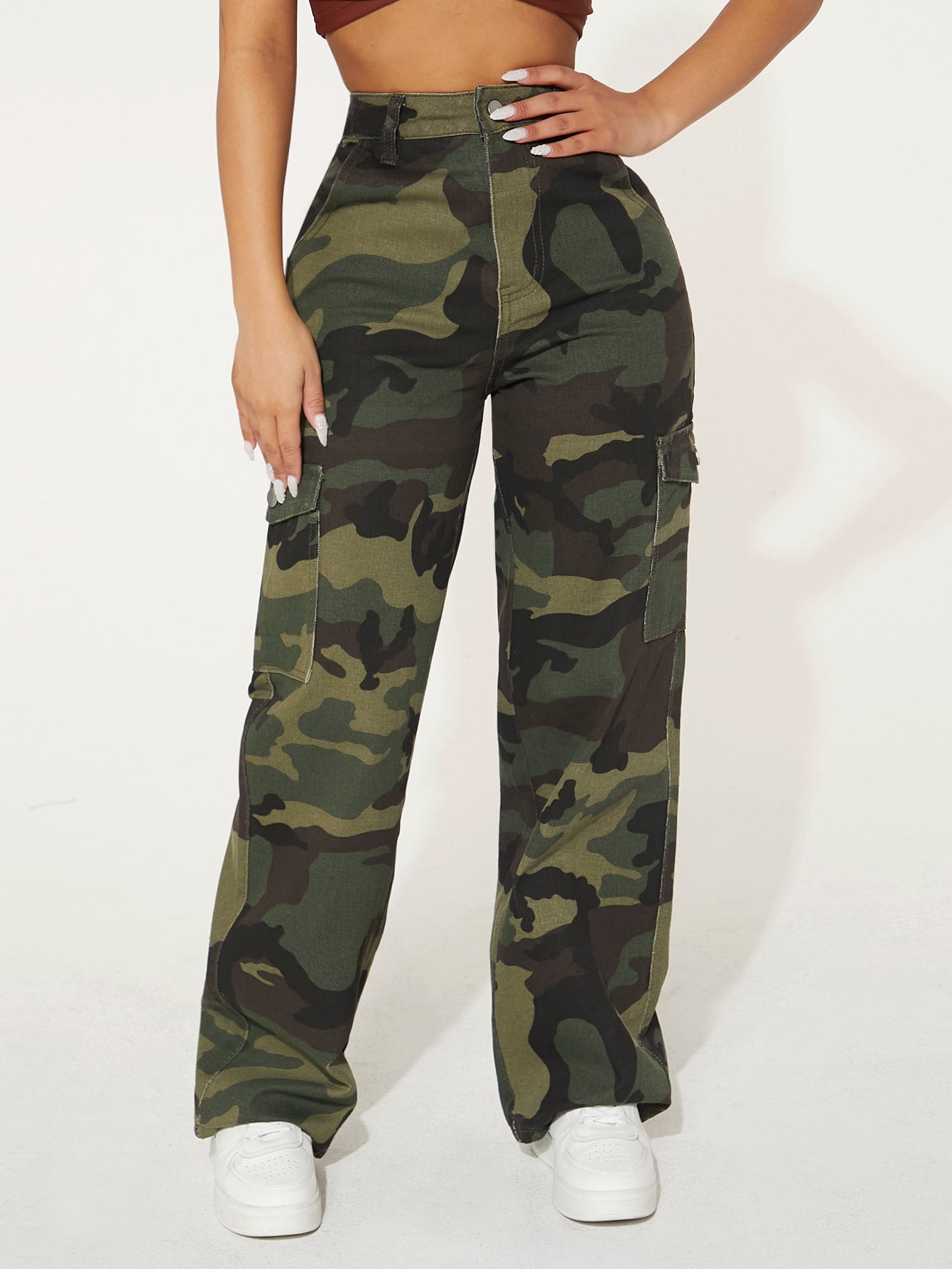 Camo Print Flap Pocket Cargo Jeans