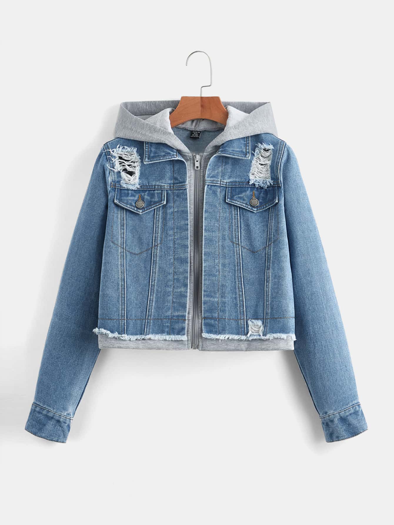 Teen Girls Ripped Flap Pocket 2 In 1 Hooded Denim Jacket