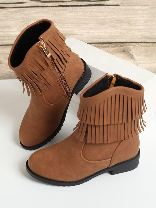 1pair Fashionable Fringed Children's Boots For Girls, Brown