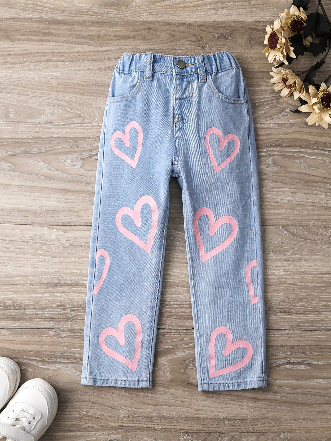 Young Girl Heart Print Straight Leg Jeans