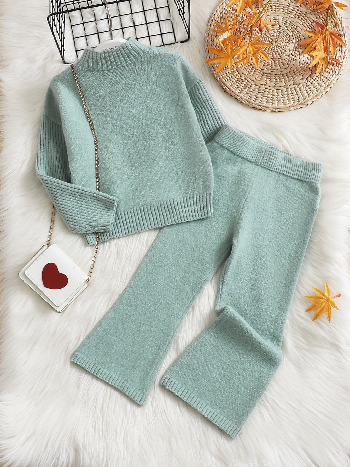 Young Girl Ribbed Knit Drop Shoulder Sweater & Flare Leg Knit Pants