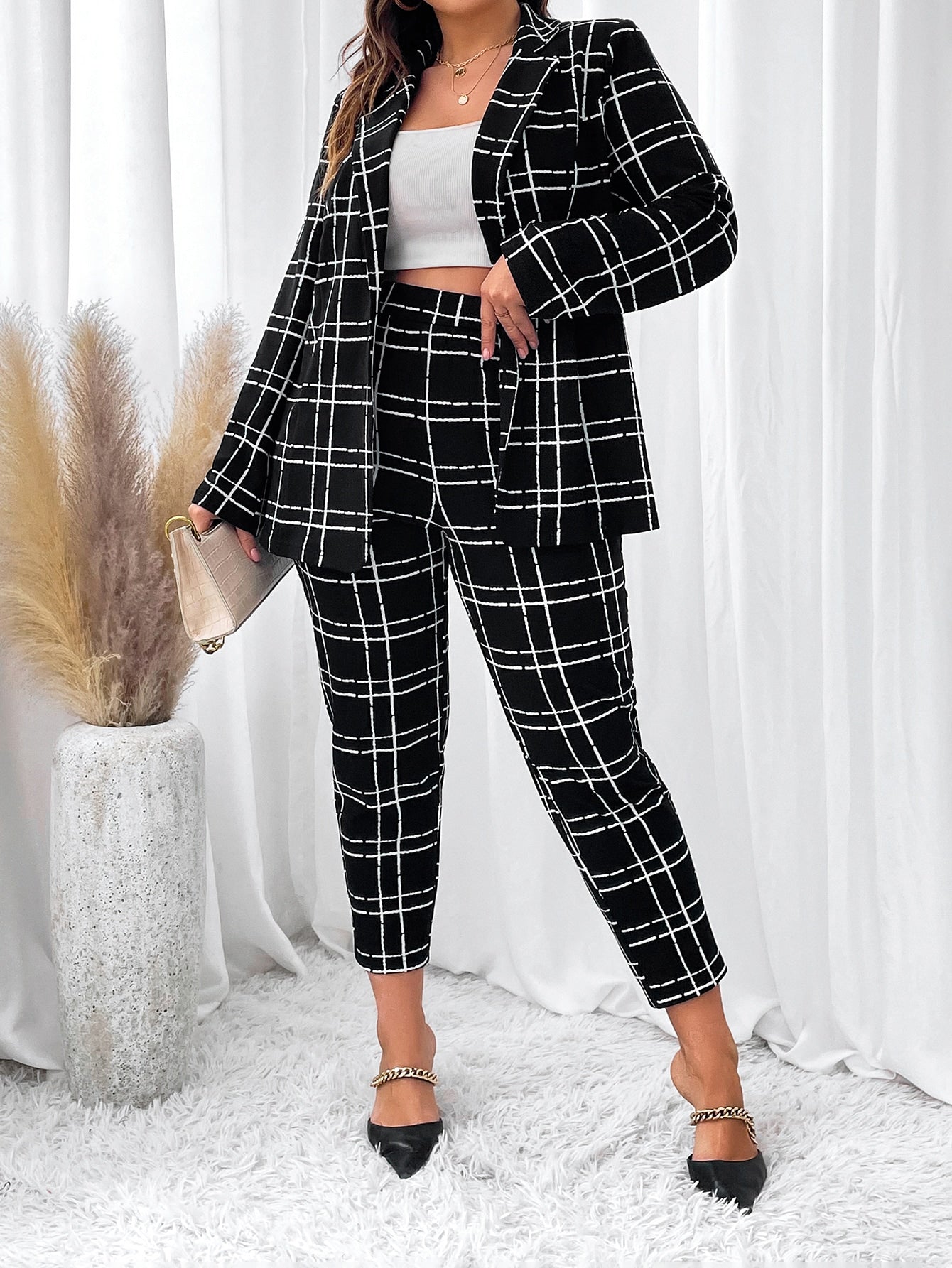 Plus Plaid Print Blazer & Pants