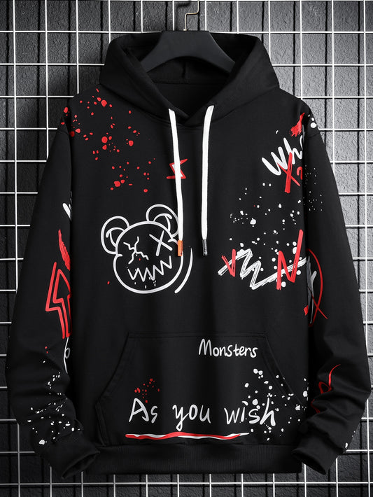 Loose Fit Men's Letter & Cartoon Graphical Pattern Hoodie With Kangaroo Pocket And Drawstring