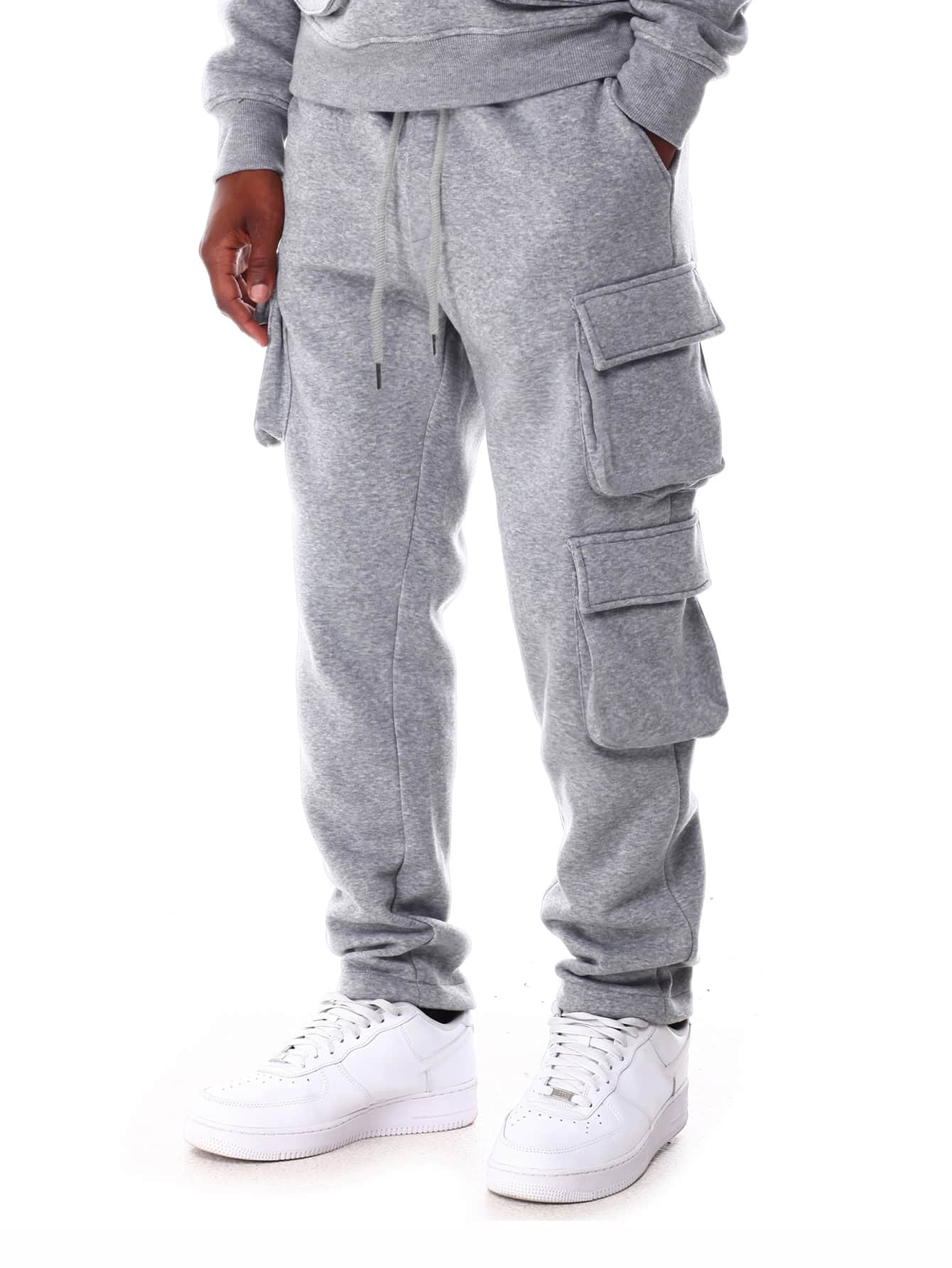 Loose Fit Men's Sweatpants With Flap Pockets And Drawstring Waistband Straight Leg Long Cargo Plain Light Grey Going Out Casual