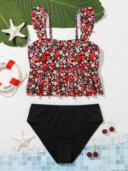 Teen Girls Ditsy Floral Print Ruffle Hem Bikini Swimsuit