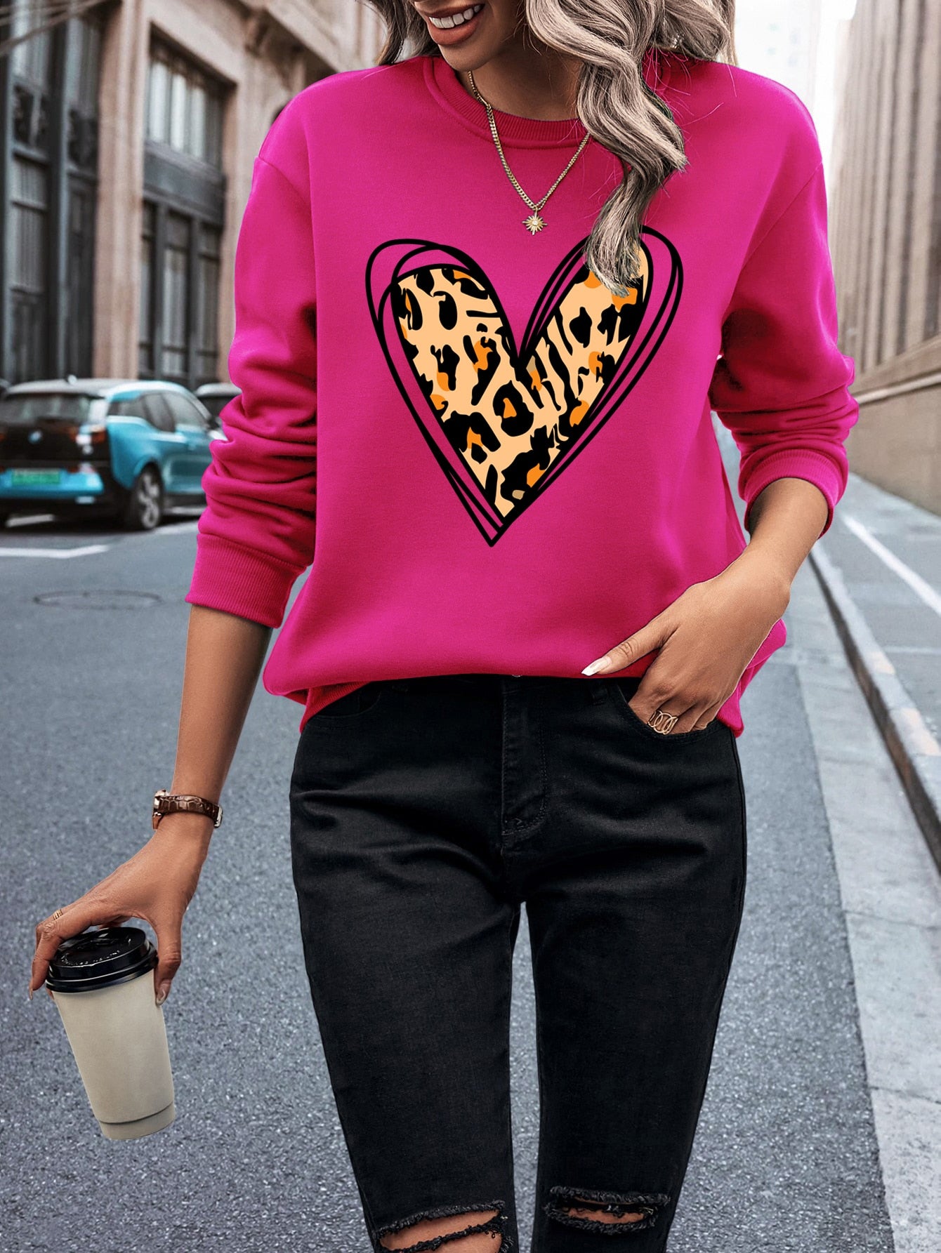 Heart And Leopard Print Thermal Lined Sweatshirt