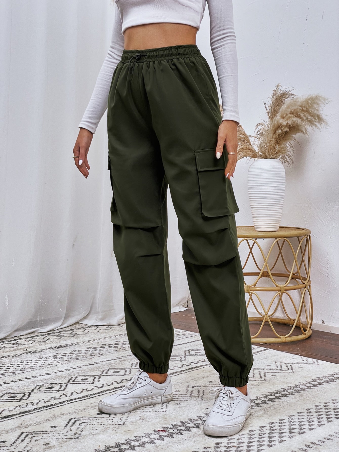 Drawstring Waist Cargo Long Pants