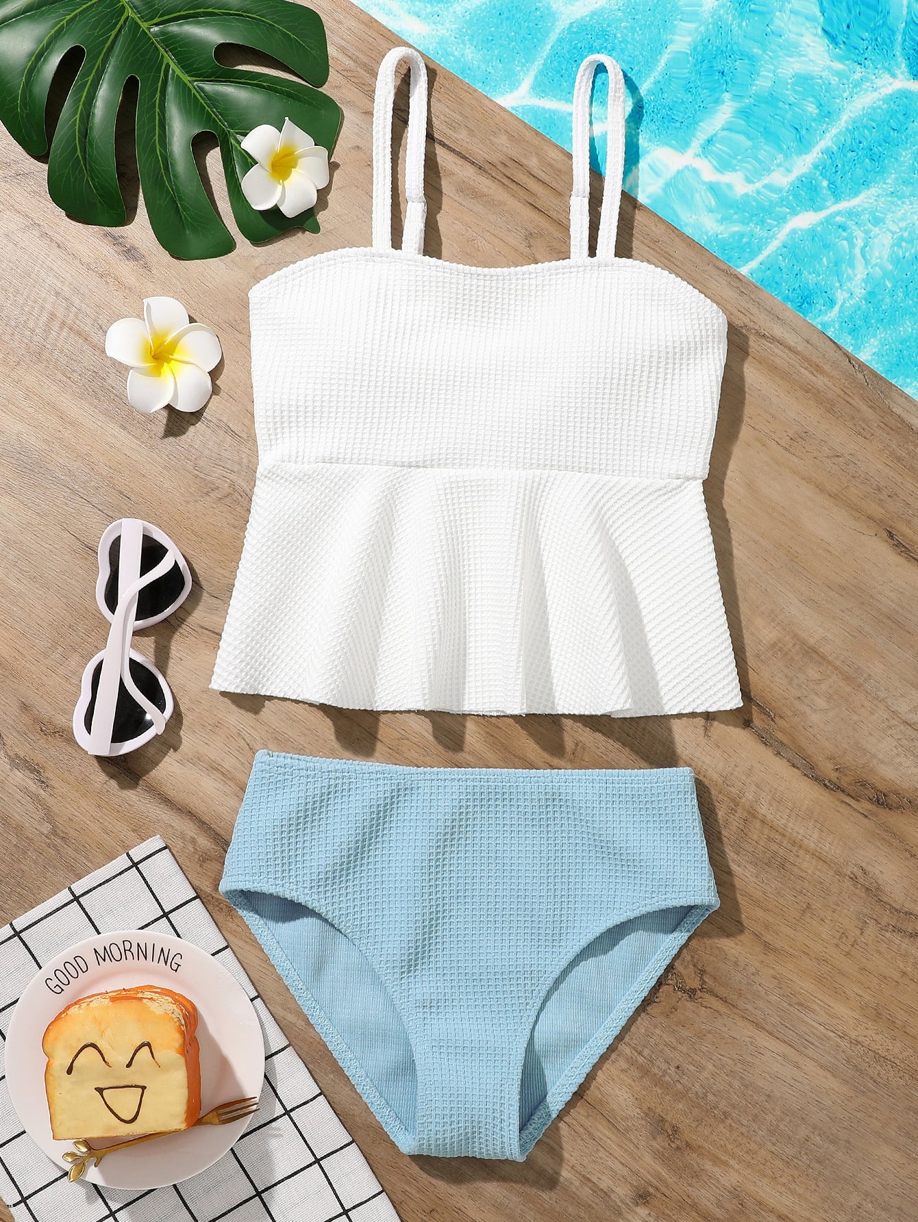 Tween Girl Color Block Ruffle Hem Tankini Summer Beach