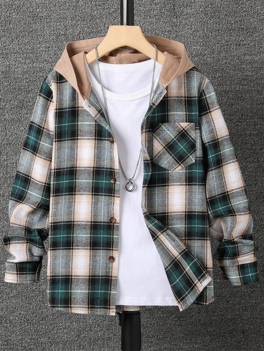 Tween Boy Plaid Patched Pocket Hooded Shirt Without Tee