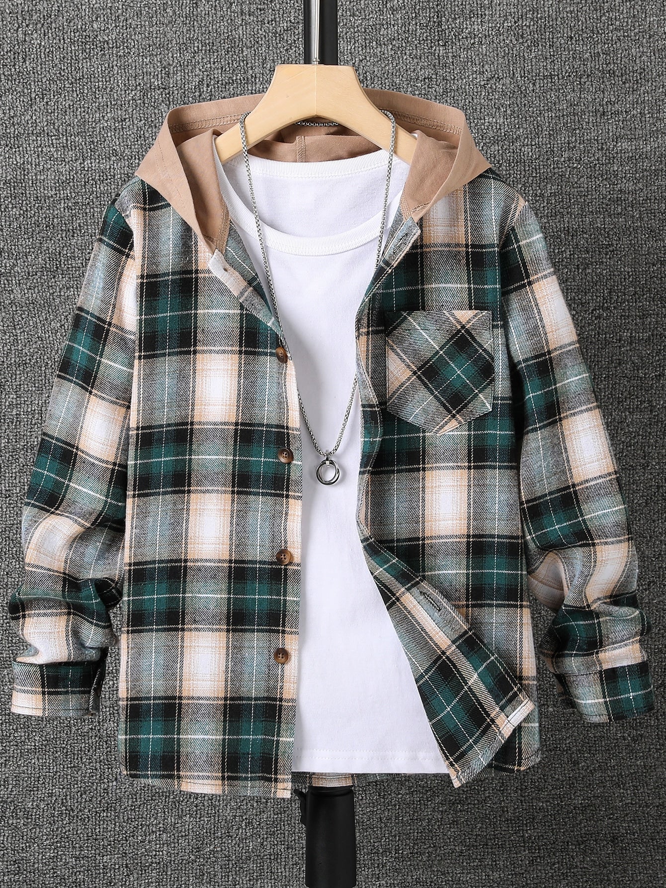 Tween Boy Plaid Print Hooded Shirt Without Tee