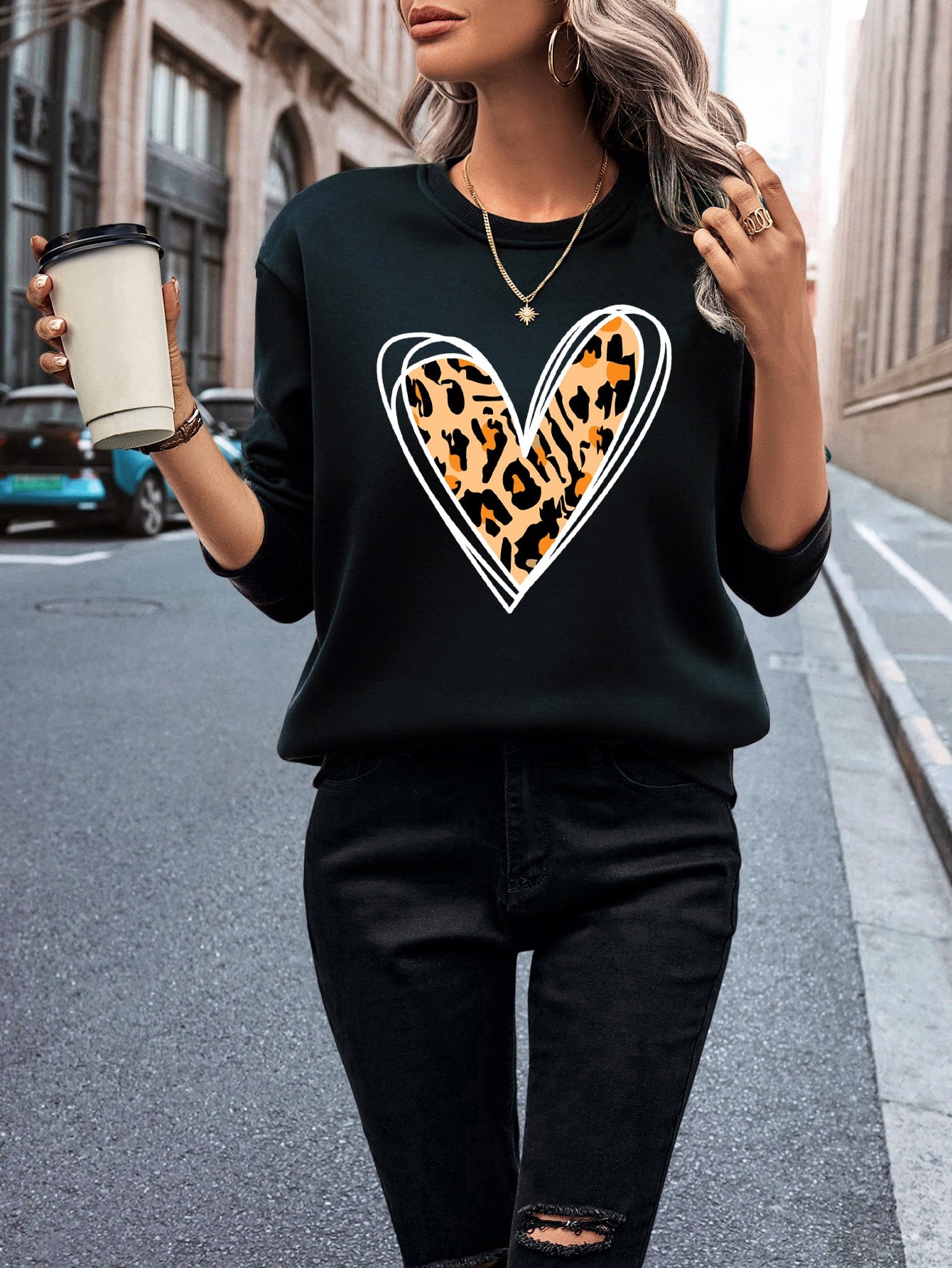 Heart And Leopard Print Thermal Lined Sweatshirt