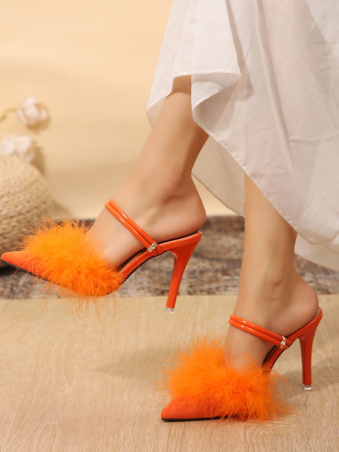 Neon Orange Contrast Fluffy Multi-way Wear Pumps