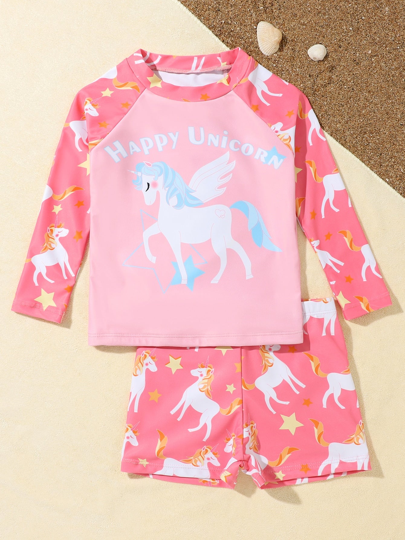 Young Girl Unicorn & Letter Graphic Raglan Sleeve Rashguard Summer Beach