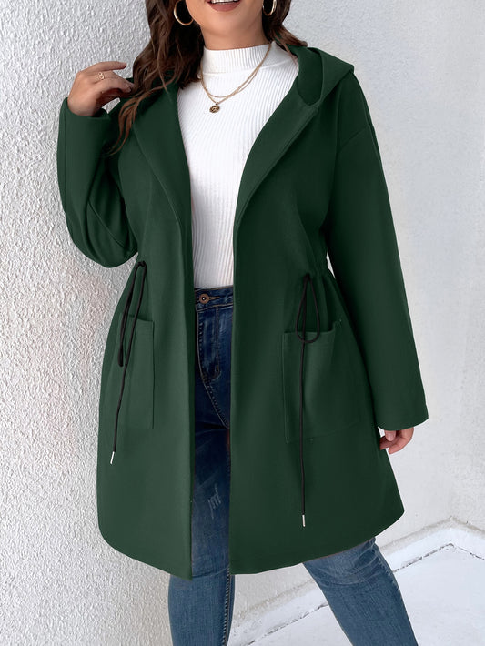 Plus Drawstring Waist Dual Pocket Hooded Overcoat