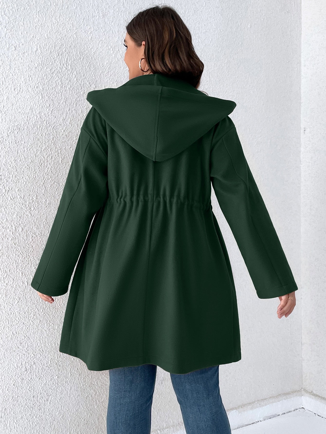 Plus Drawstring Waist Dual Pocket Hooded Overcoat