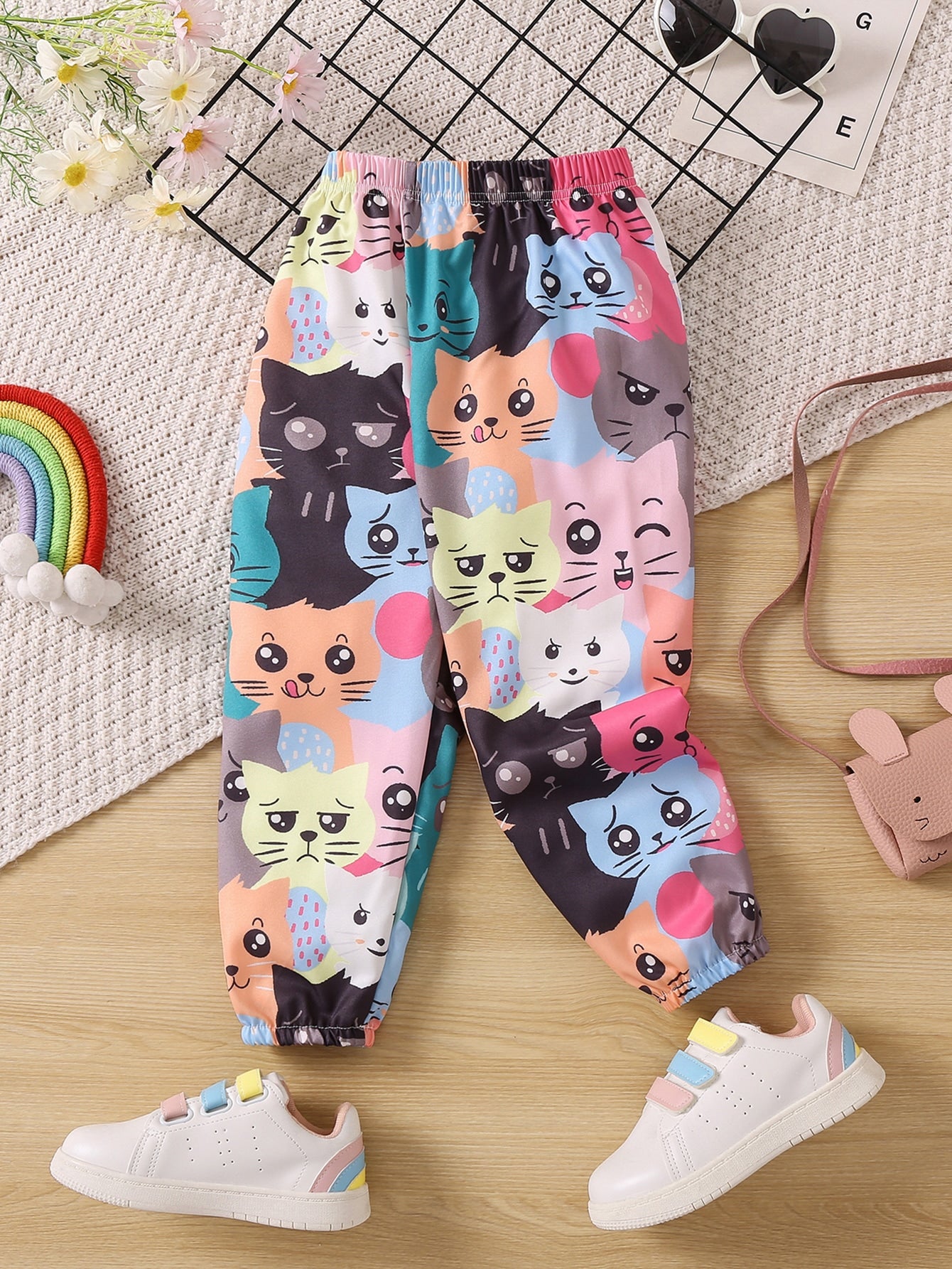 Young Girl Cute Cat Print Casual Jogger Pants With Elastic Cuffs