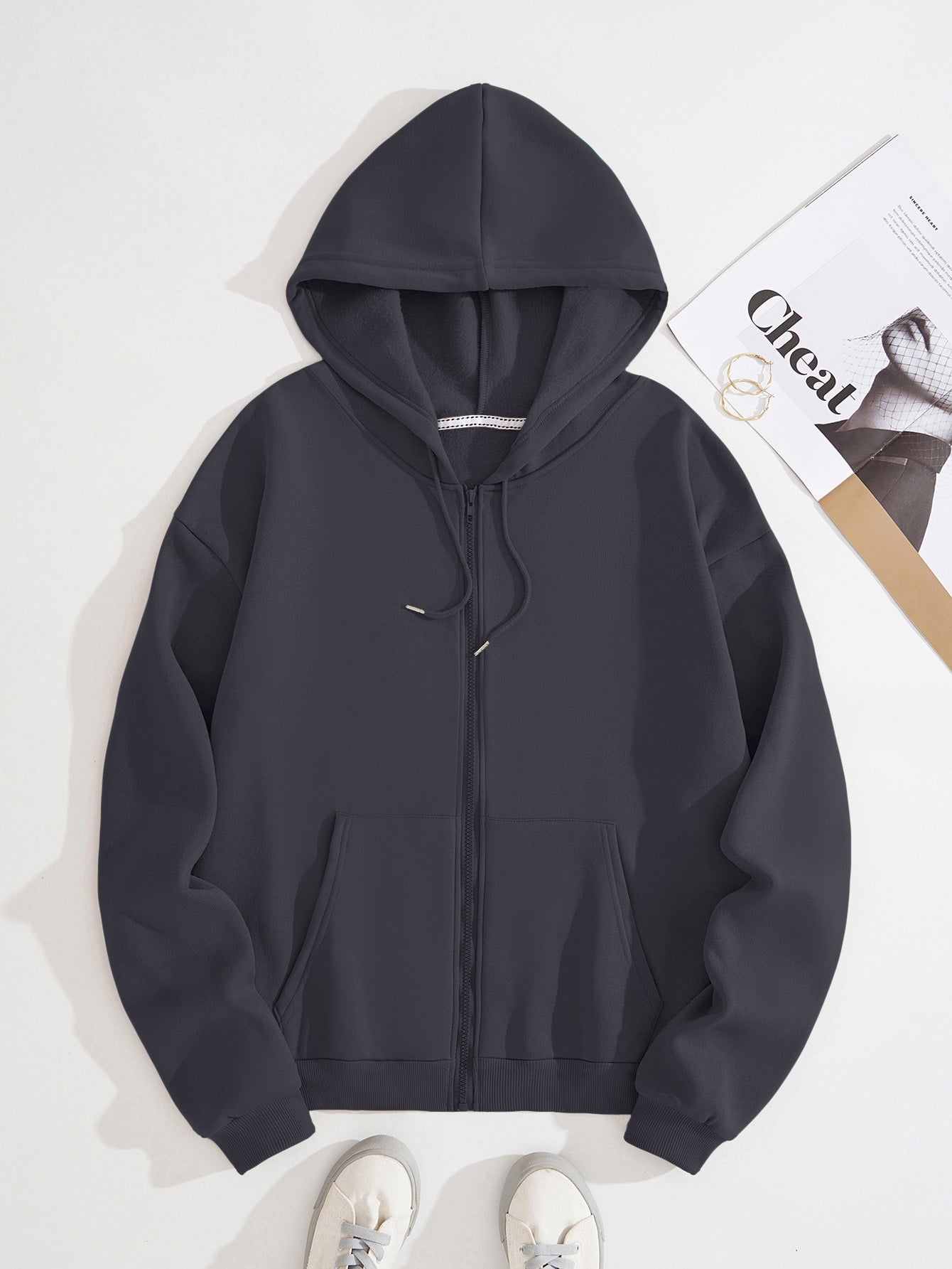 Plus Solid Zip Up Drawstring Thermal Lined Hoodie