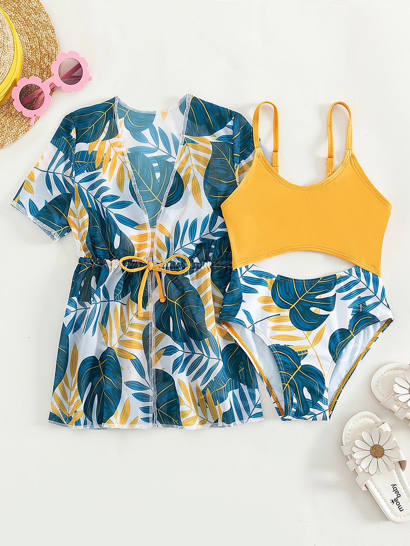 Young Girl Plant Print Cut-Out One Piece Swimsuit With Kimono