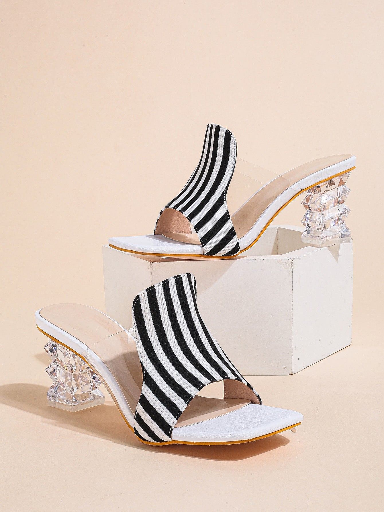 Women Striped Pattern Sculptural Heeled Mule Sandals, Fashion Summer Heeled Sandals