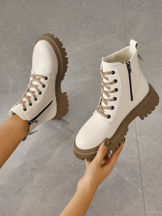 Unisex Boots With Side Zipper, Lace Up And Frontal Design