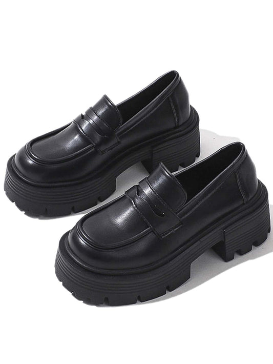 Women Black Minimalist Flatform Slip On Loafers, Punk Round Toe Middle Heel Wedges