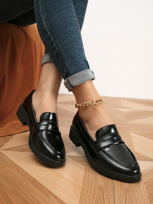 Women Black Minimalist Flats,  Elegant Round Toe Penny Loafers