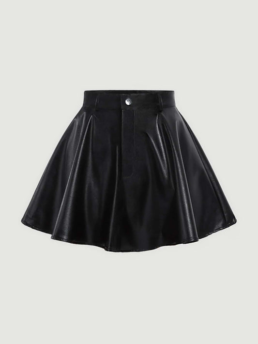 Solid PU Leather Skater Black Short Skirt