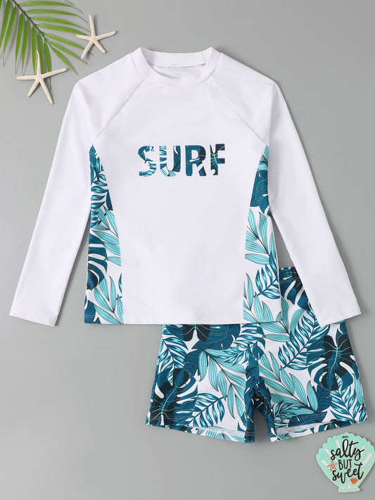 Tween Boy Letter & Tropical Print Beach Swimsuit