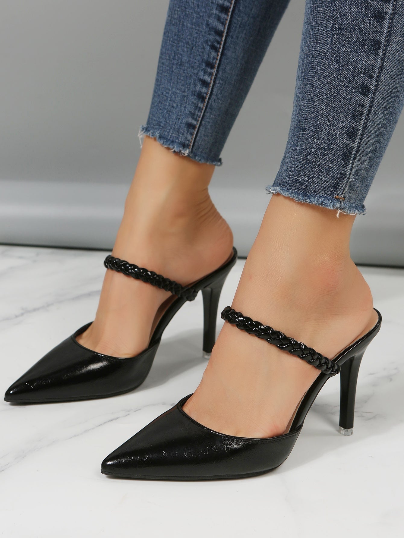 Braided Detail Point Toe Mule Pumps