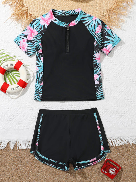 Tween Girl Random Tropical Print Zipper Front Rashguard Summer Beach