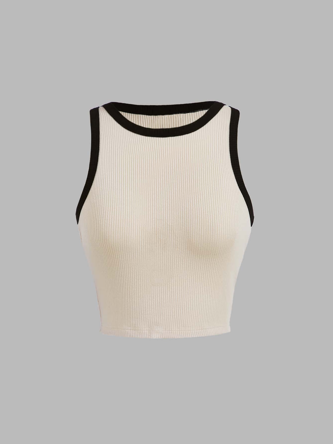 Apricot And Black Summer Contrast Binding Crop Tank Top