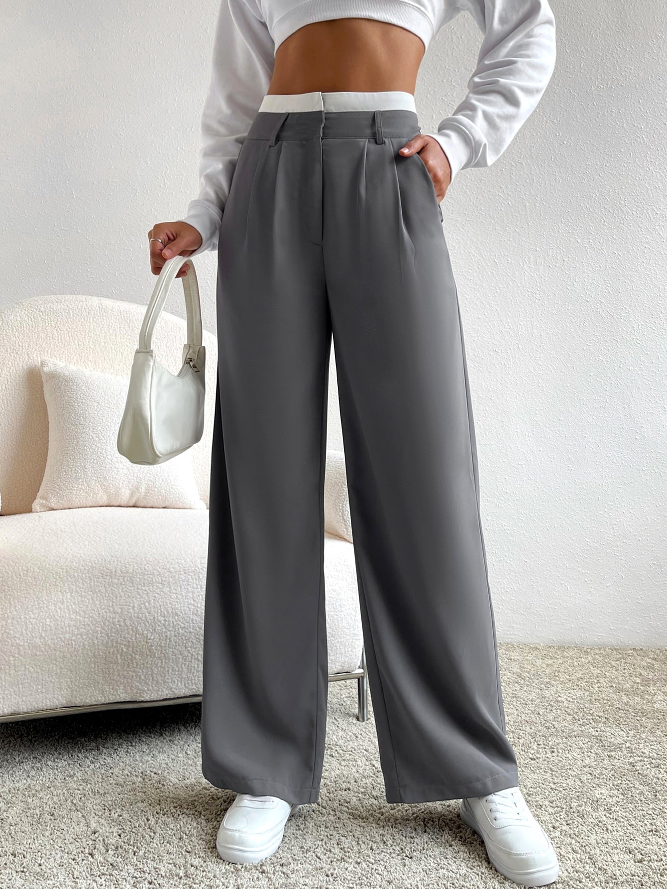 Spring Dress PantsHigh Waist Plicated Detail Wide Leg Suit Pants