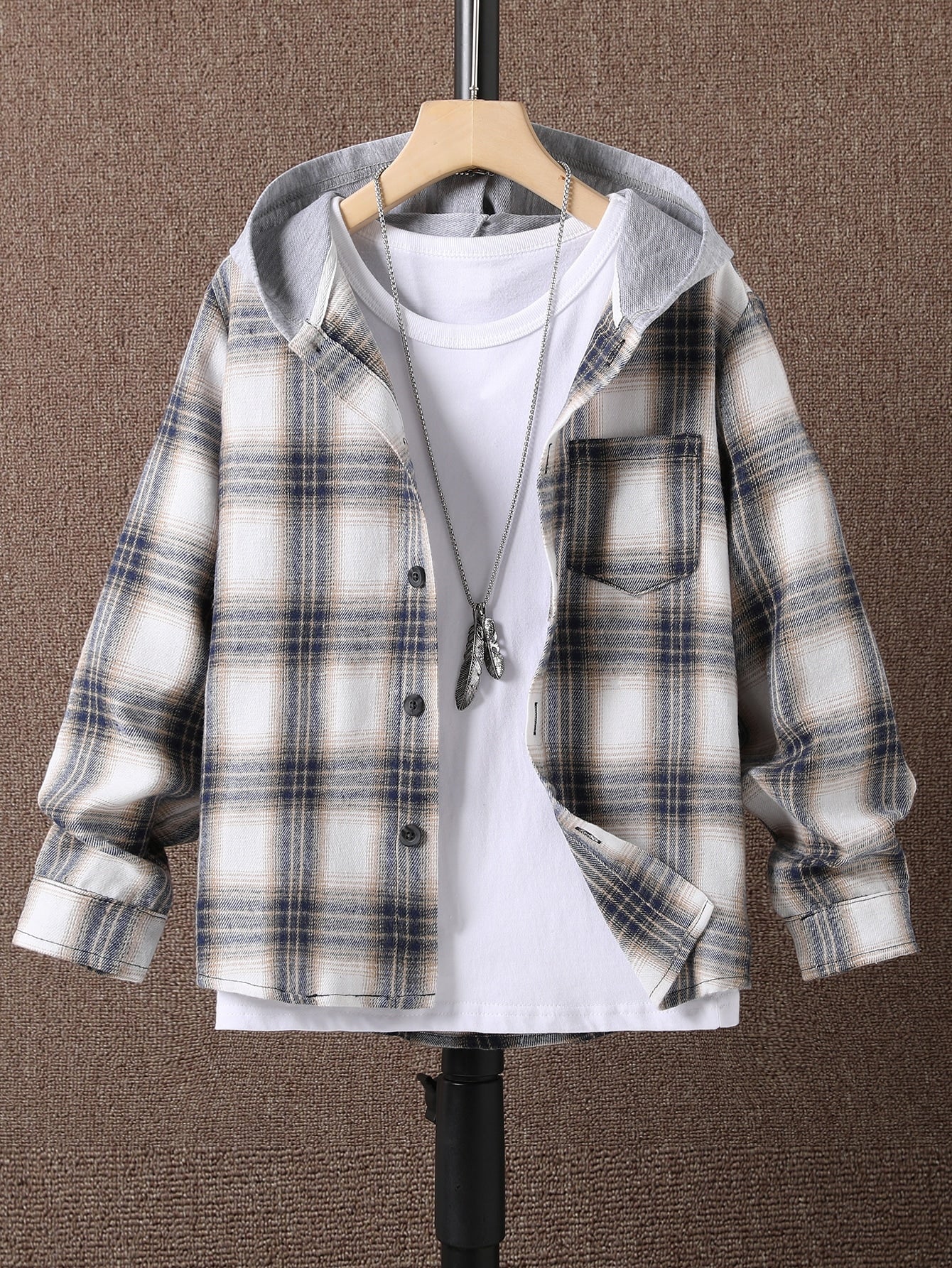 Tween Boy Plaid Print Hooded Shirt Without Tee