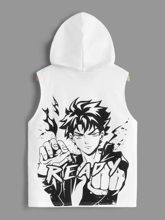 Tween Boy Casual Round Neck Sleeveless Hooded Vest With Portrait Pattern