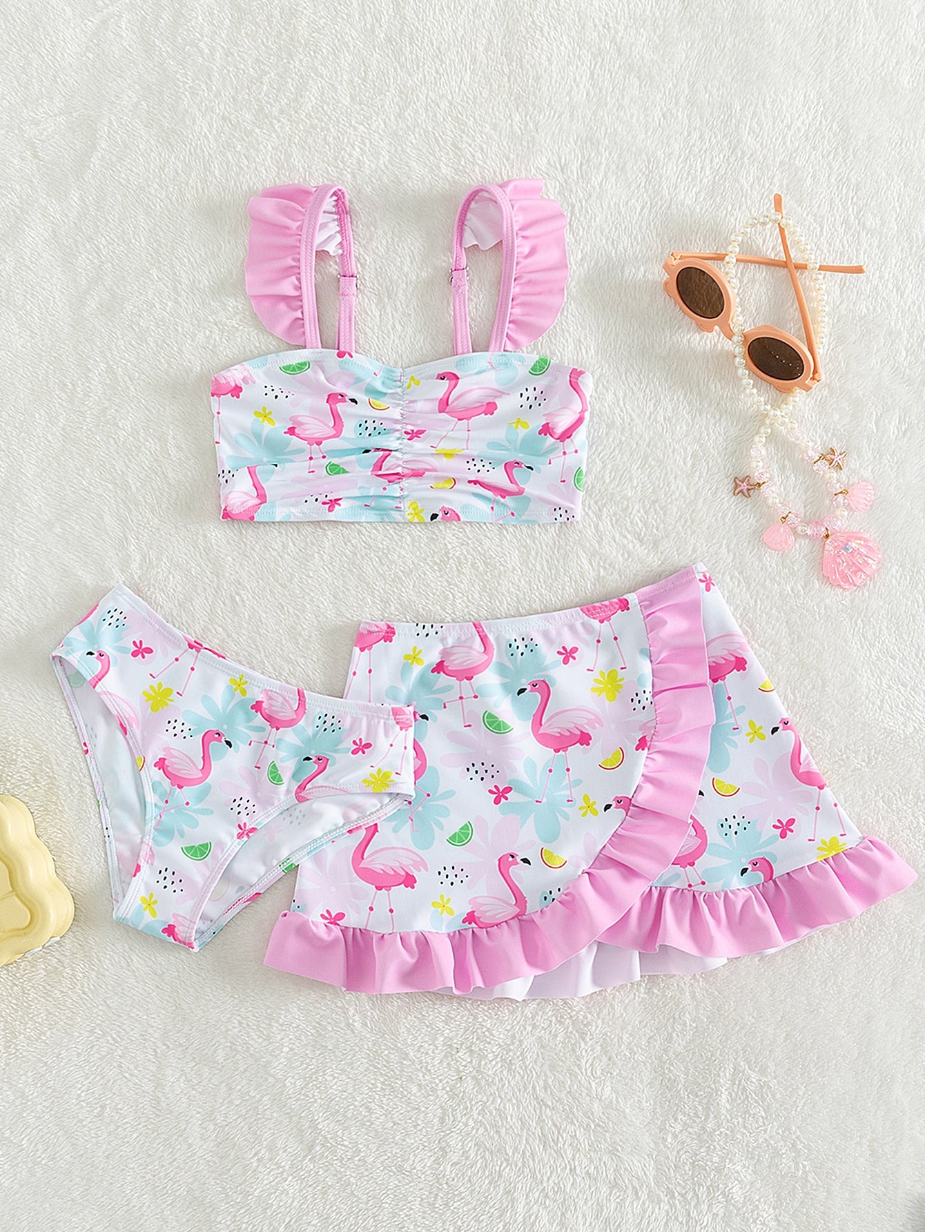 Young Girl Flamingo Print Ruffle Trim Bikini Set With Beach Skirt Summer Beach